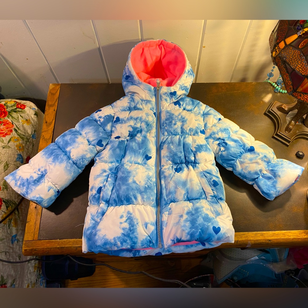 PINK PLATINUM girls puffer jacket,blue/white tie dye,blue hearts,pink lining 2T